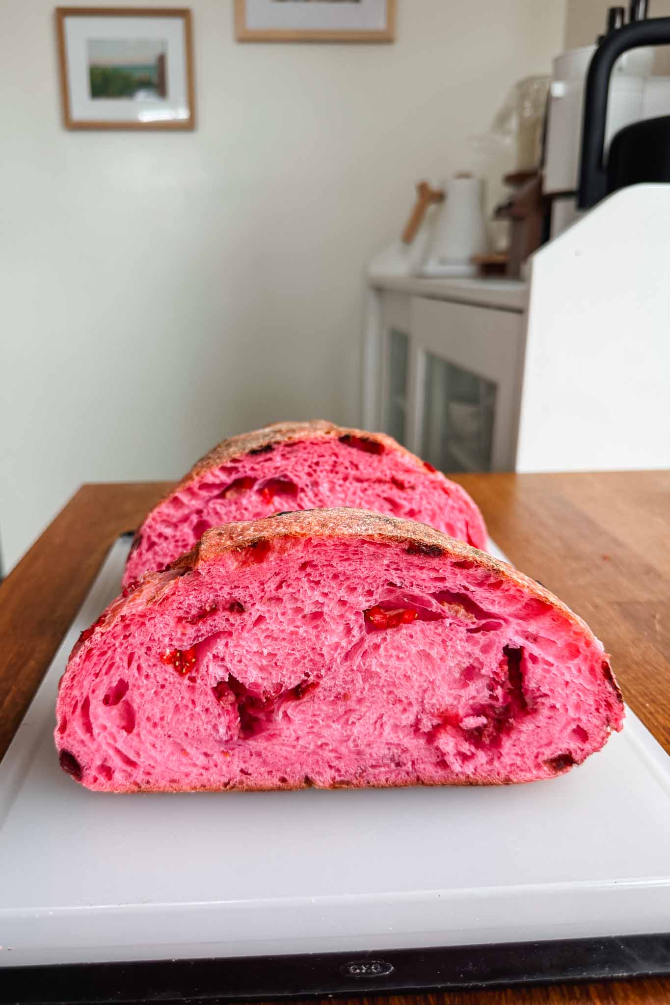 Strawberry sourdough bread cut in half