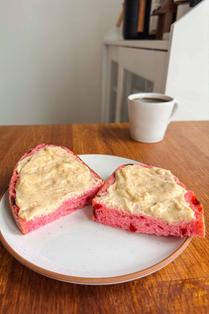 slices of strawberry sourdough bread on plate