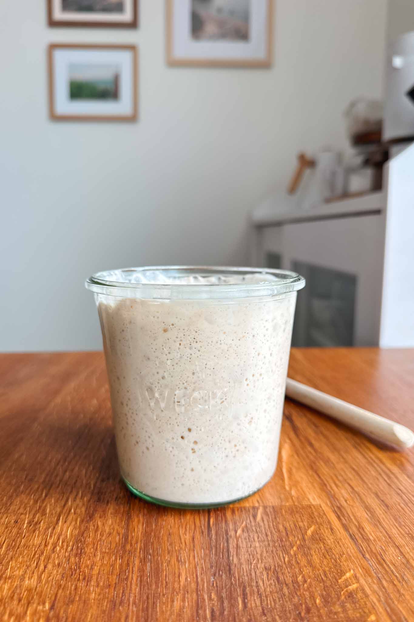 Jar of sourdough starter on table