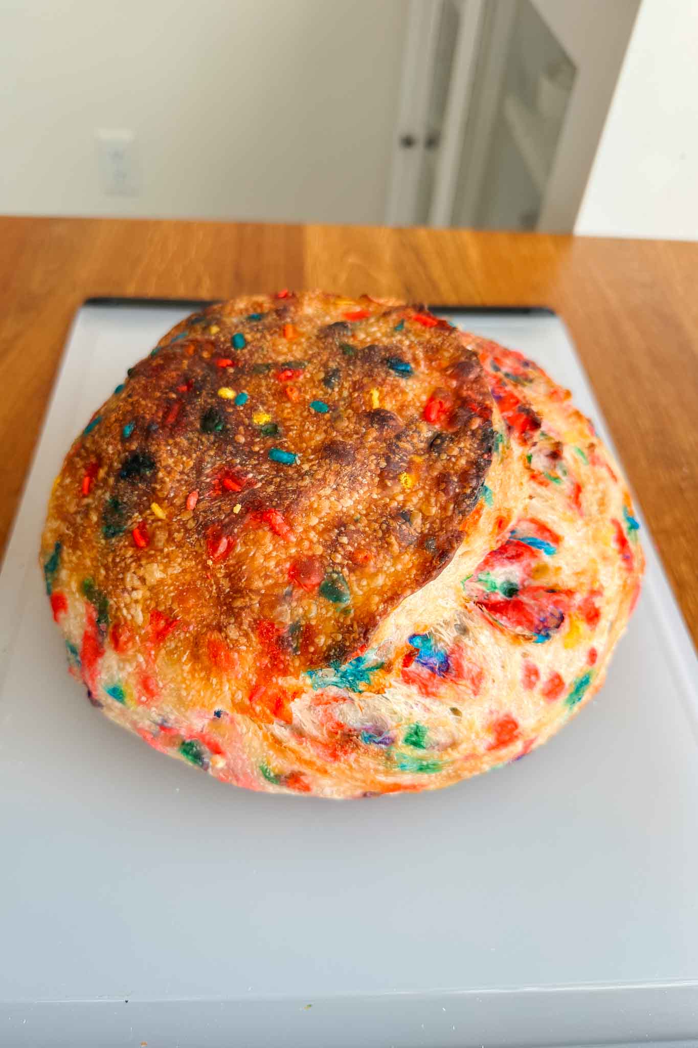 Baked Funfetti sourdough bread loaf overhead